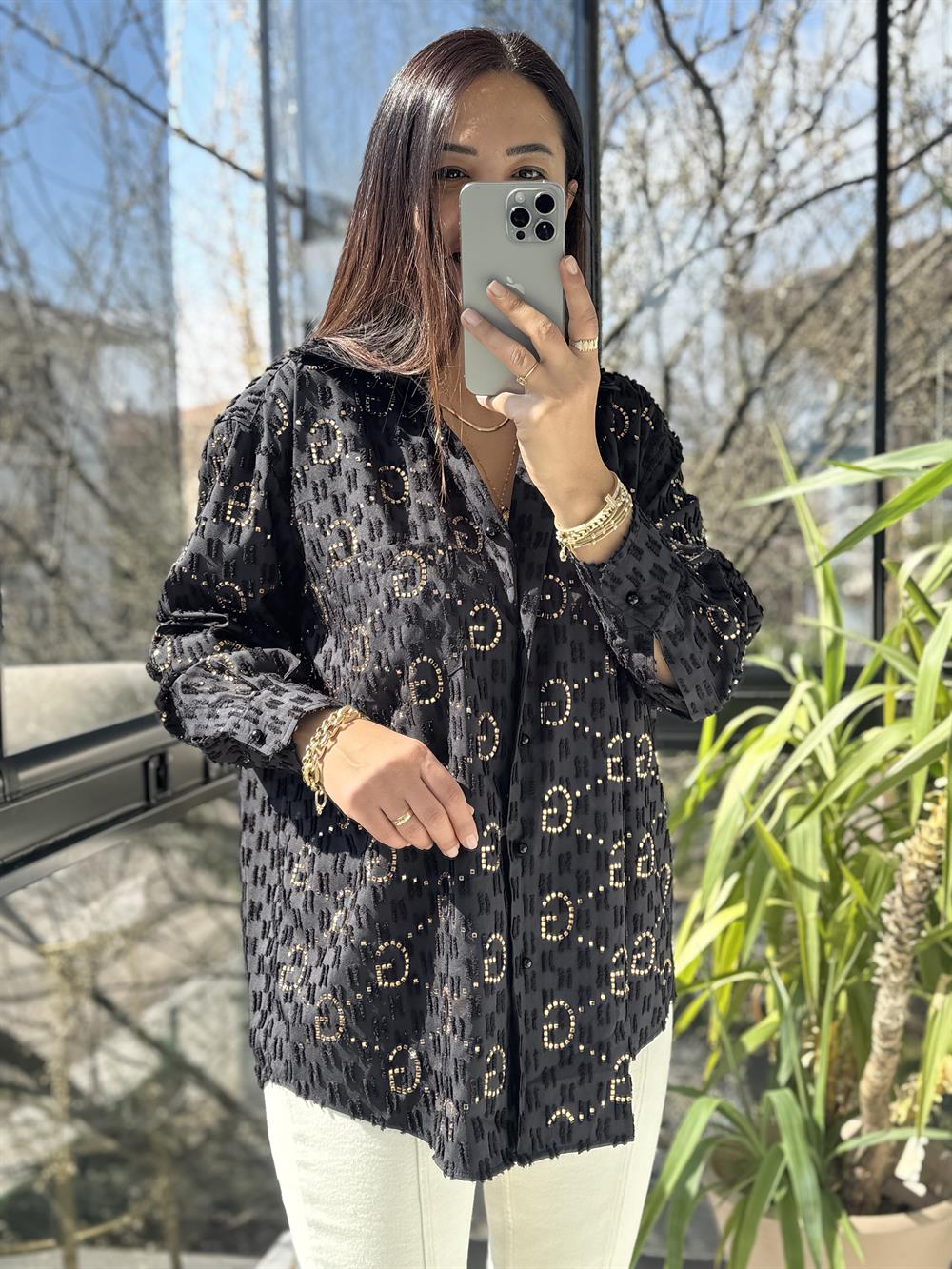 İthal GG Taşlı Gömlek Siyah