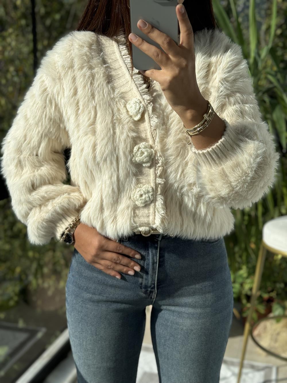 İthal Gül Düğmeli Hırka Bej