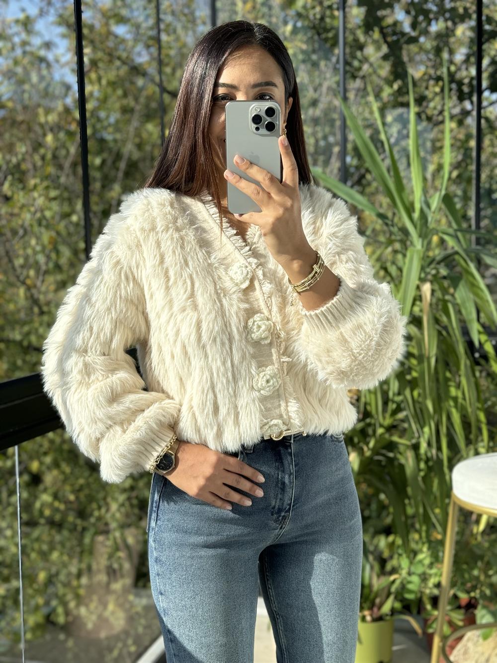 İthal Gül Düğmeli Hırka Bej