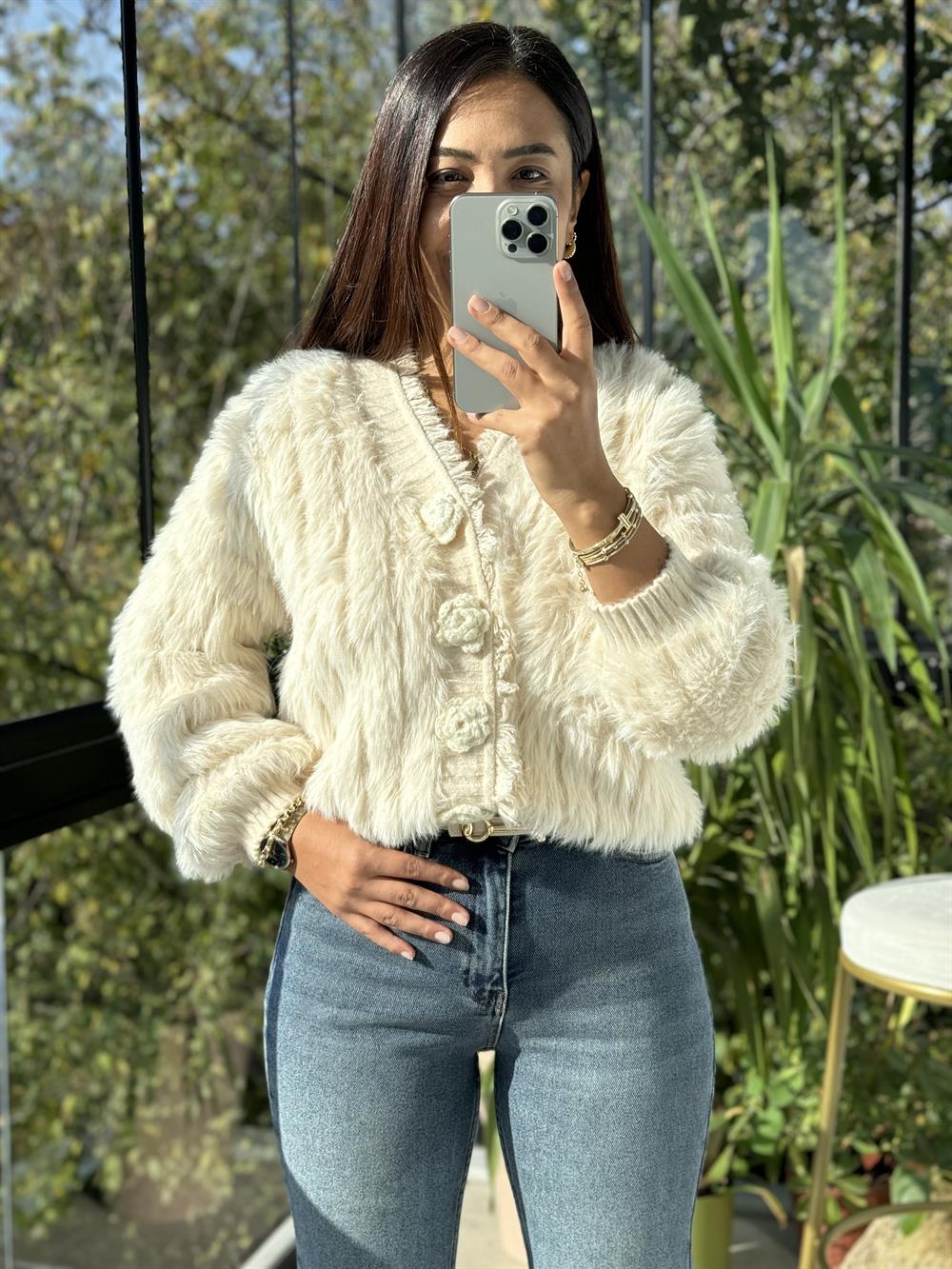 İthal Gül Düğmeli Hırka Bej