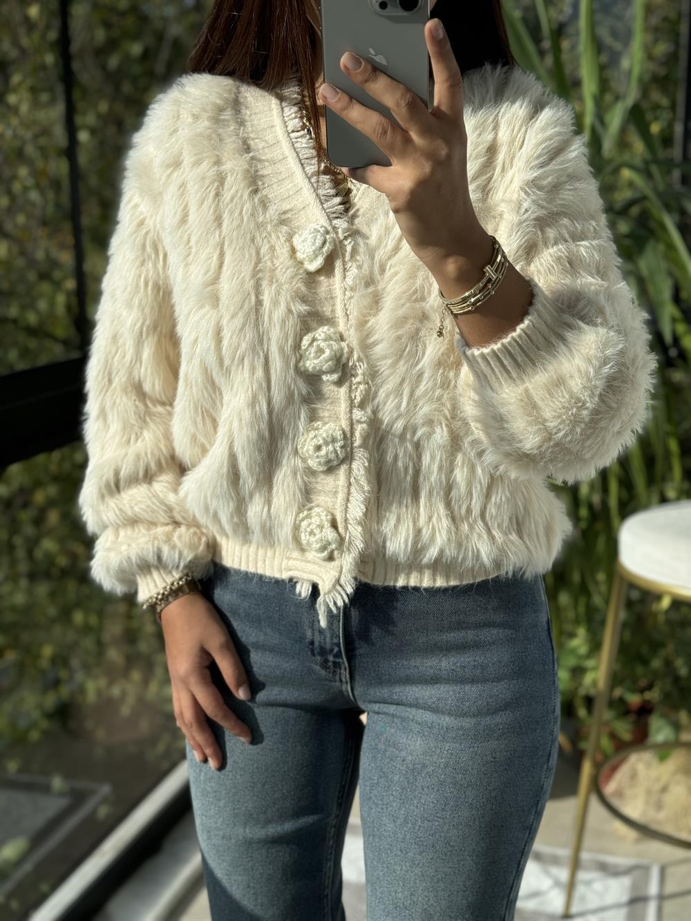 İthal Gül Düğmeli Hırka Bej