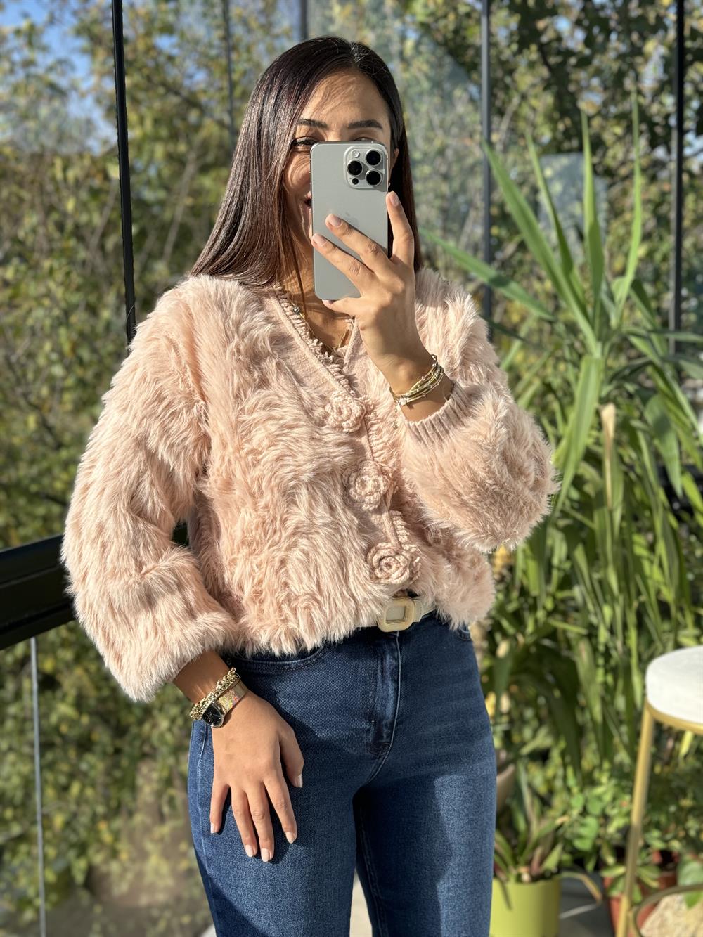 İthal Gül Düğmeli Hırka Pembe