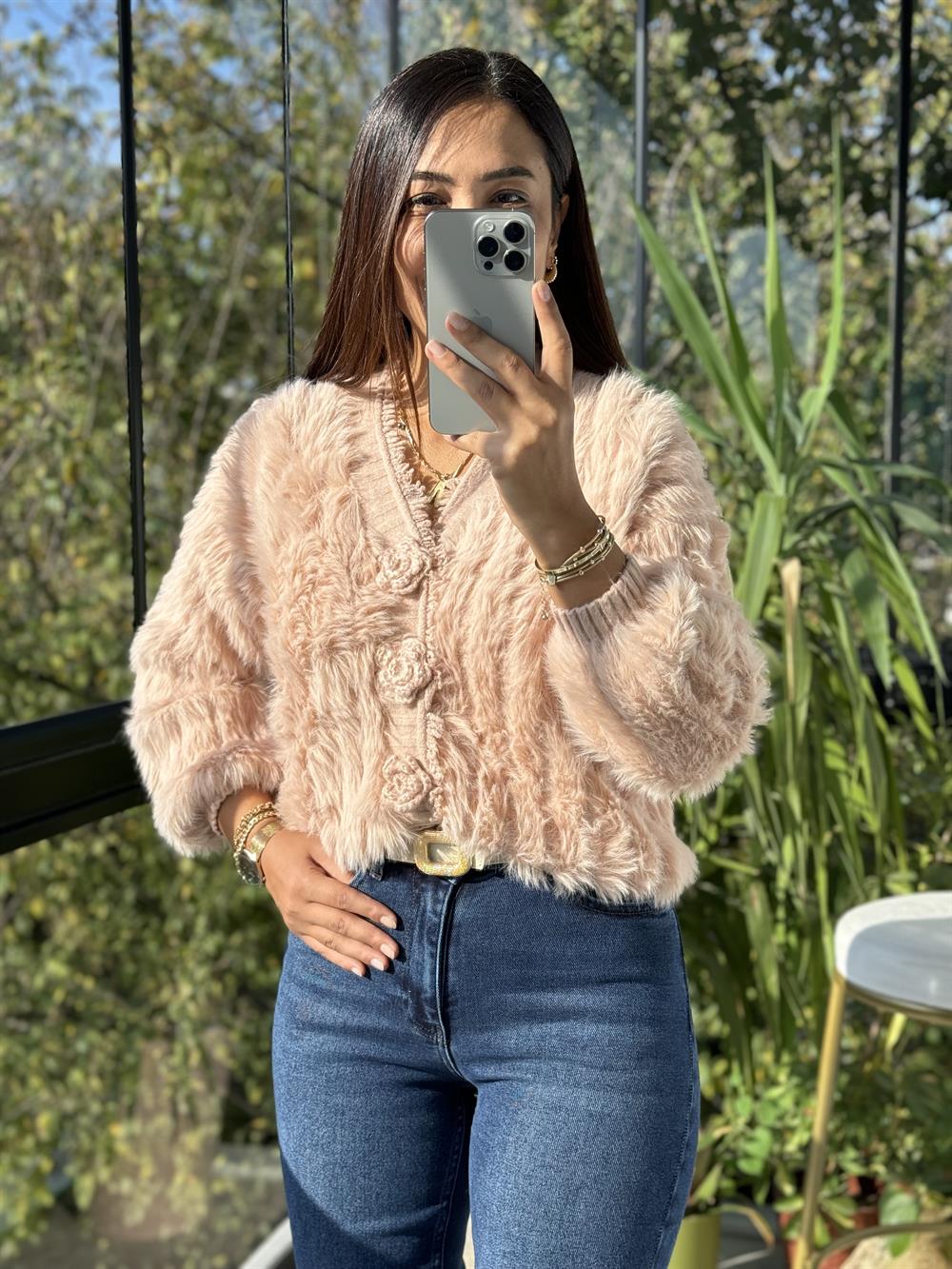 İthal Gül Düğmeli Hırka Pembe