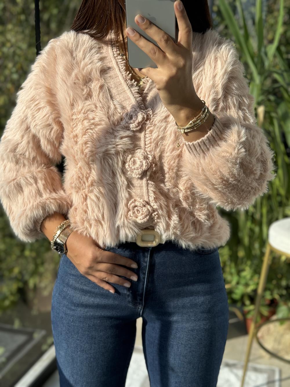 İthal Gül Düğmeli Hırka Pembe