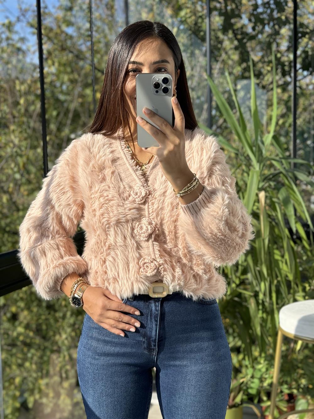 İthal Gül Düğmeli Hırka Pembe