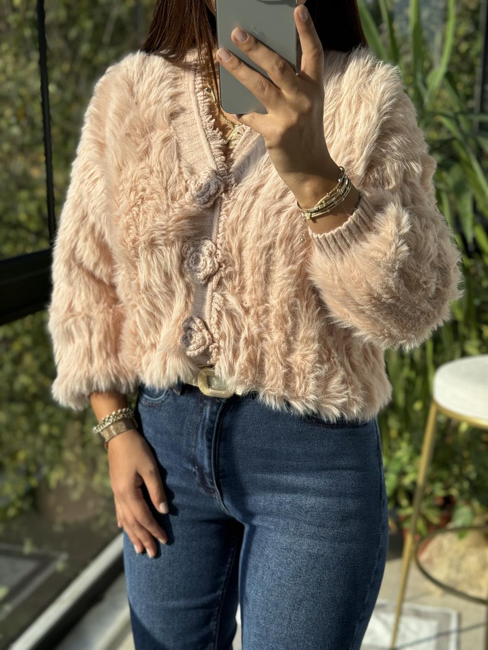 İthal Gül Düğmeli Hırka Pembe