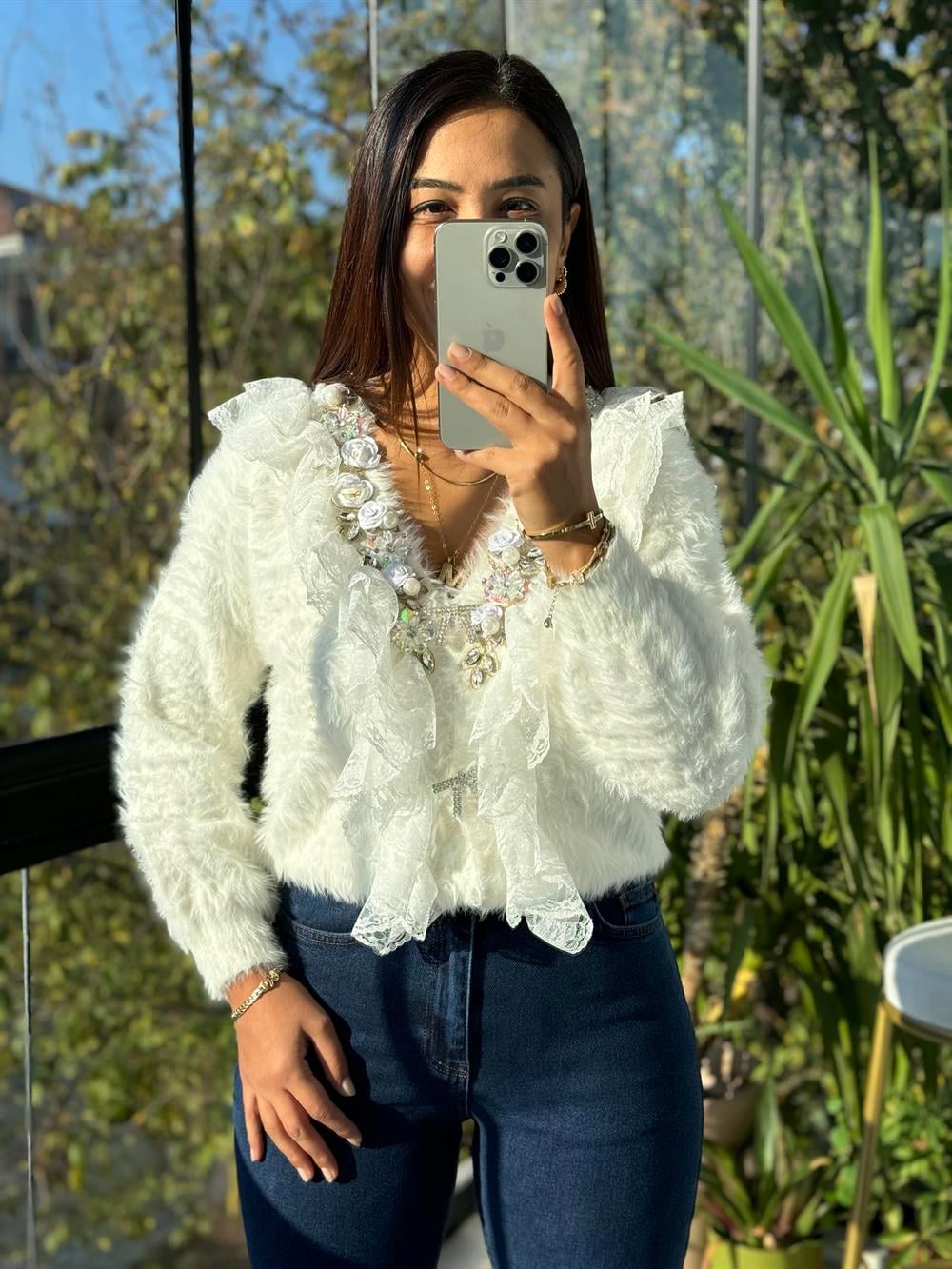 İthal Güllü İncili Hırka Beyaz