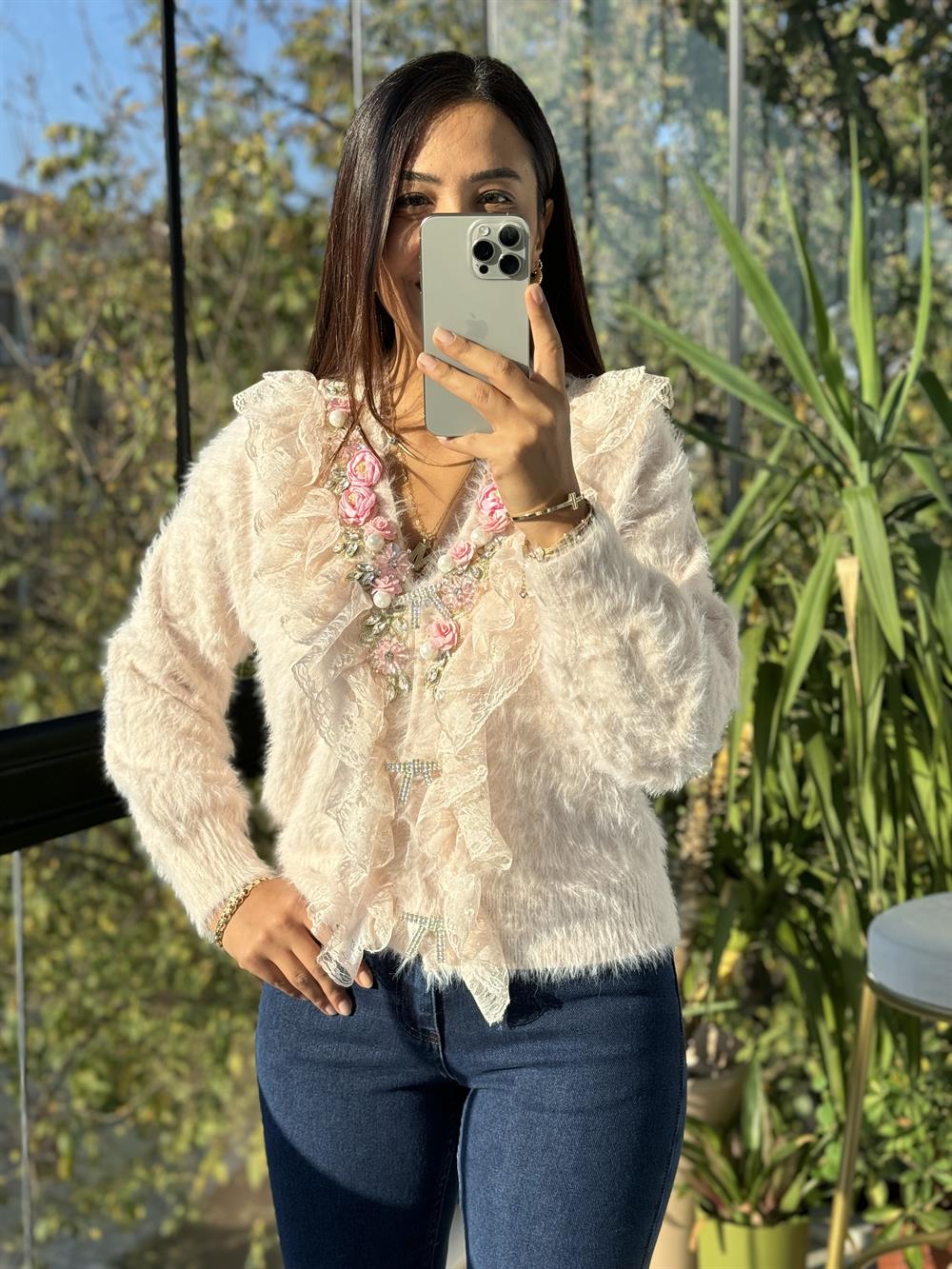 İthal Güllü İncili Hırka Pembe