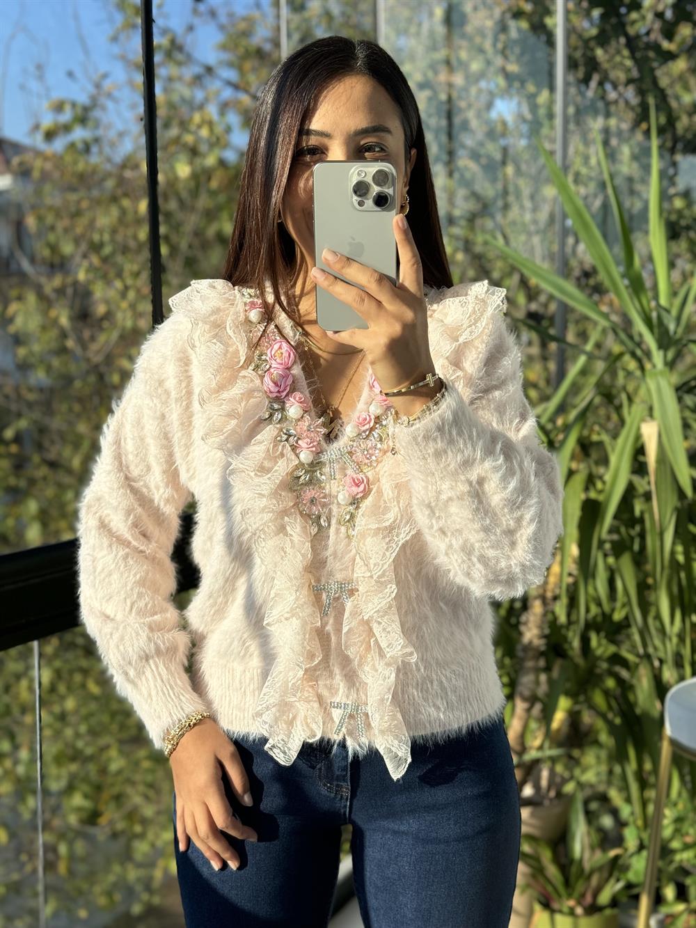 İthal Güllü İncili Hırka Pembe