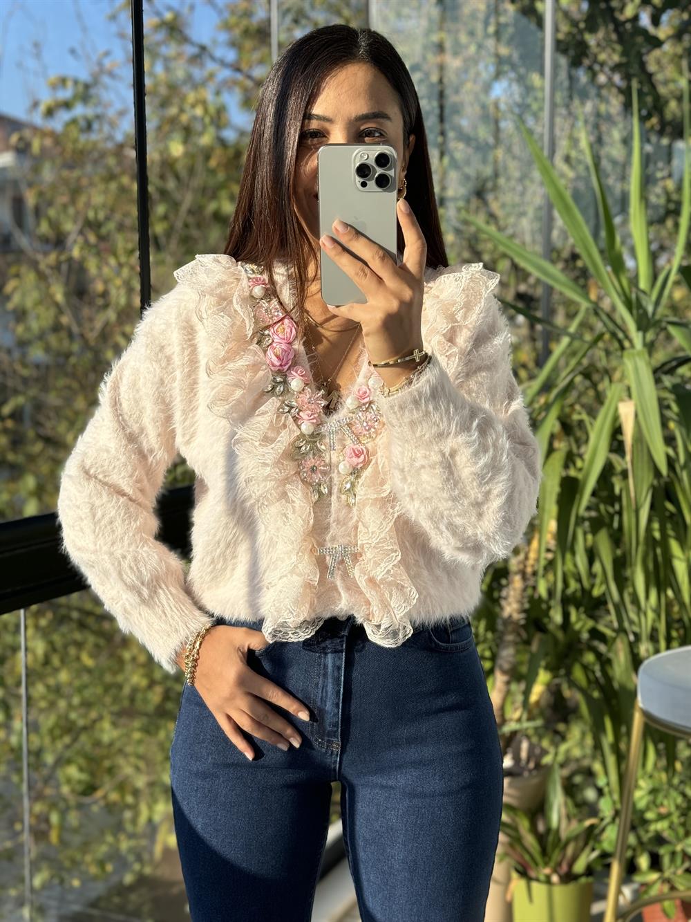 İthal Güllü İncili Hırka Pembe