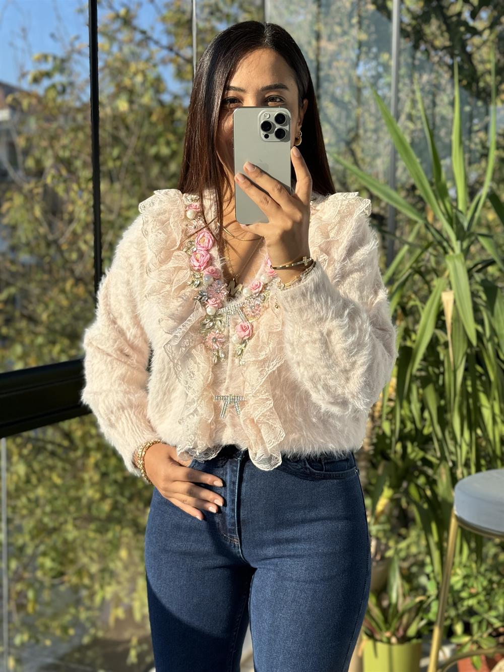 İthal Güllü İncili Hırka Pembe