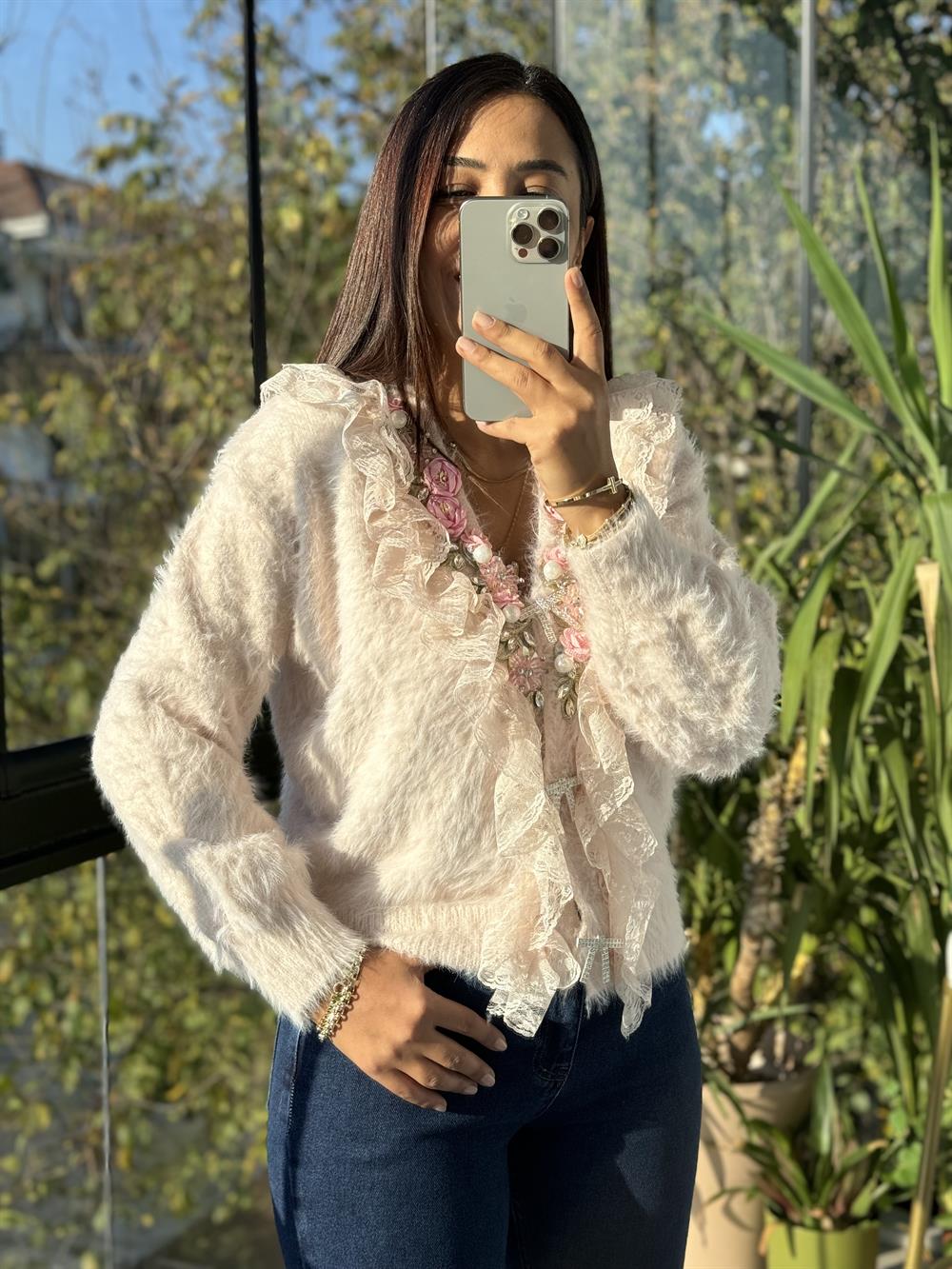 İthal Güllü İncili Hırka Pembe