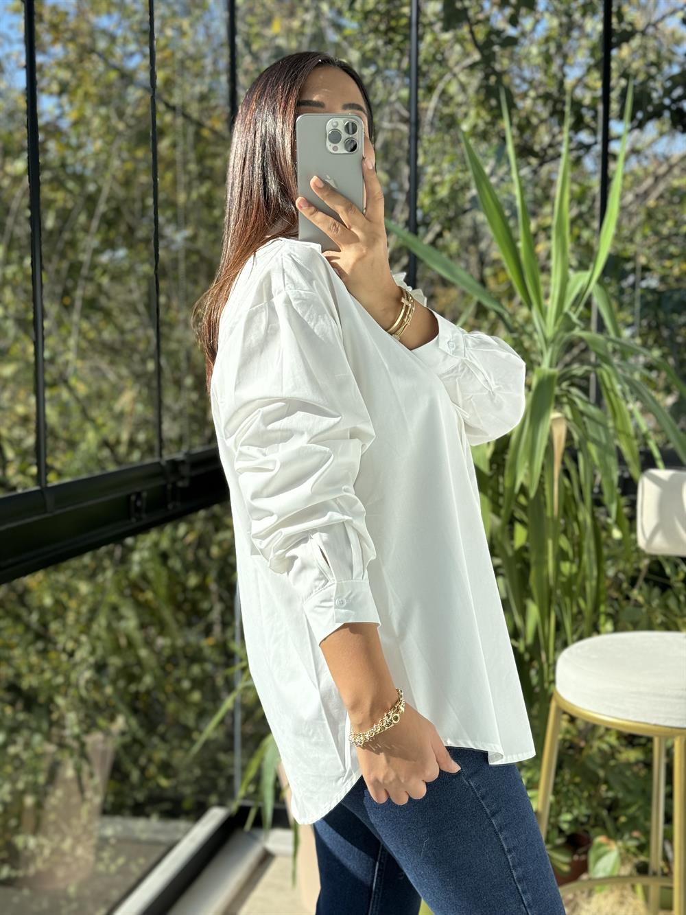 İthal Güllü İp Detaylı Gömlek Beyaz