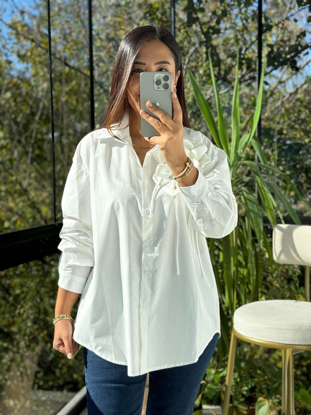 İthal Güllü İp Detaylı Gömlek Beyaz