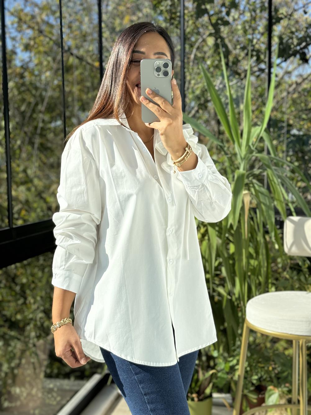 İthal Güllü İp Detaylı Gömlek Beyaz