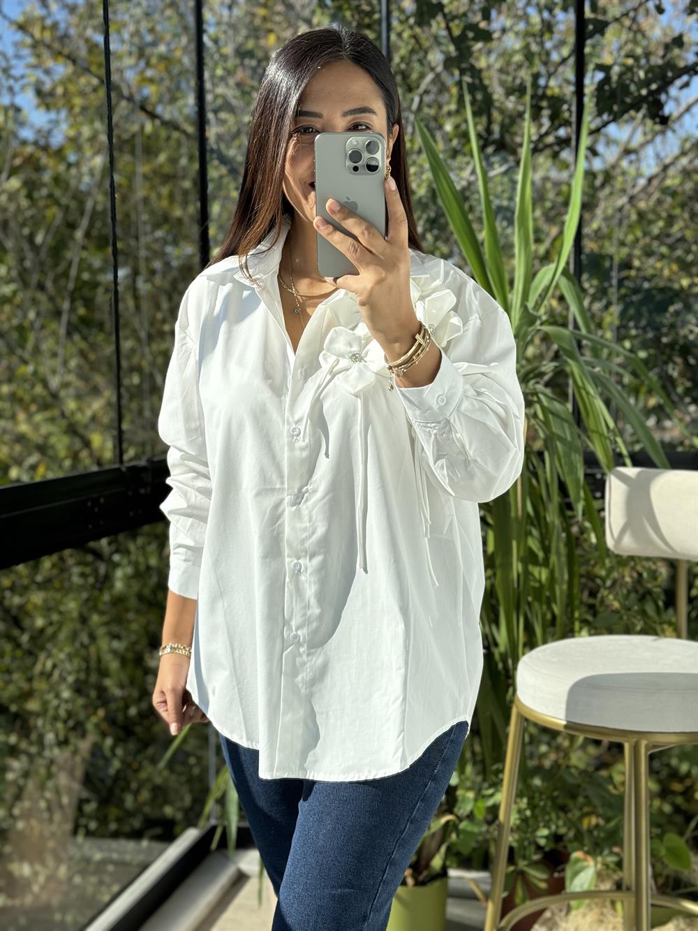 İthal Güllü İp Detaylı Gömlek Beyaz