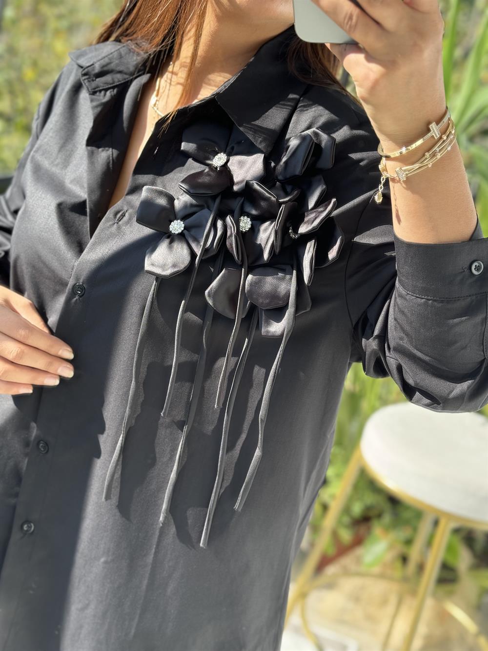 İthal Güllü İp Detaylı Gömlek Siyah
