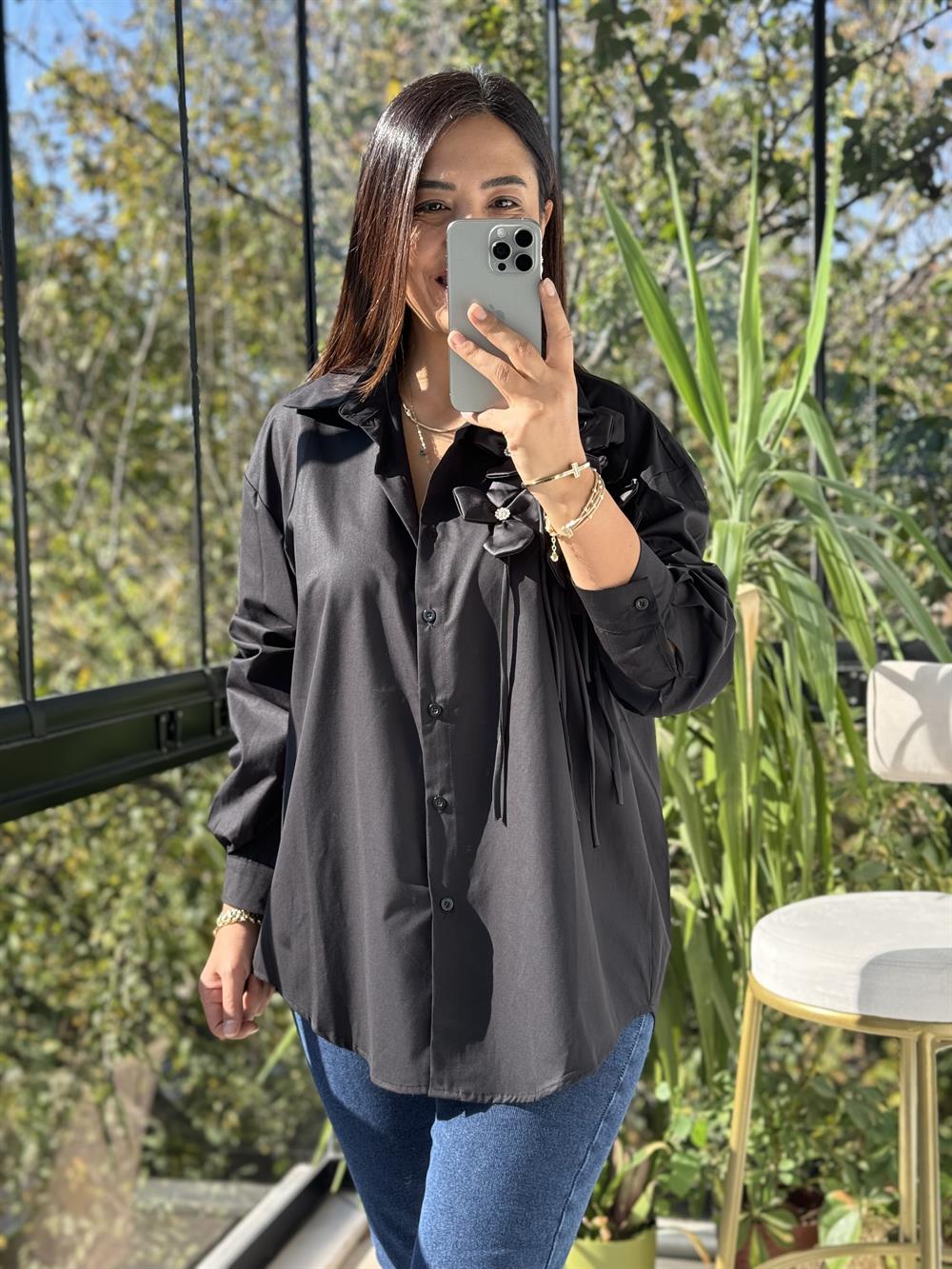 İthal Güllü İp Detaylı Gömlek Siyah