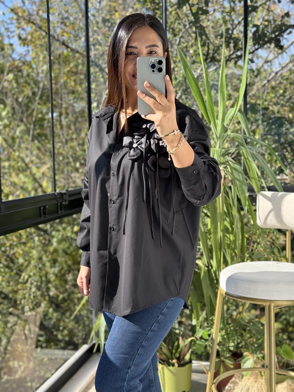 İthal Güllü İp Detaylı Gömlek Siyah