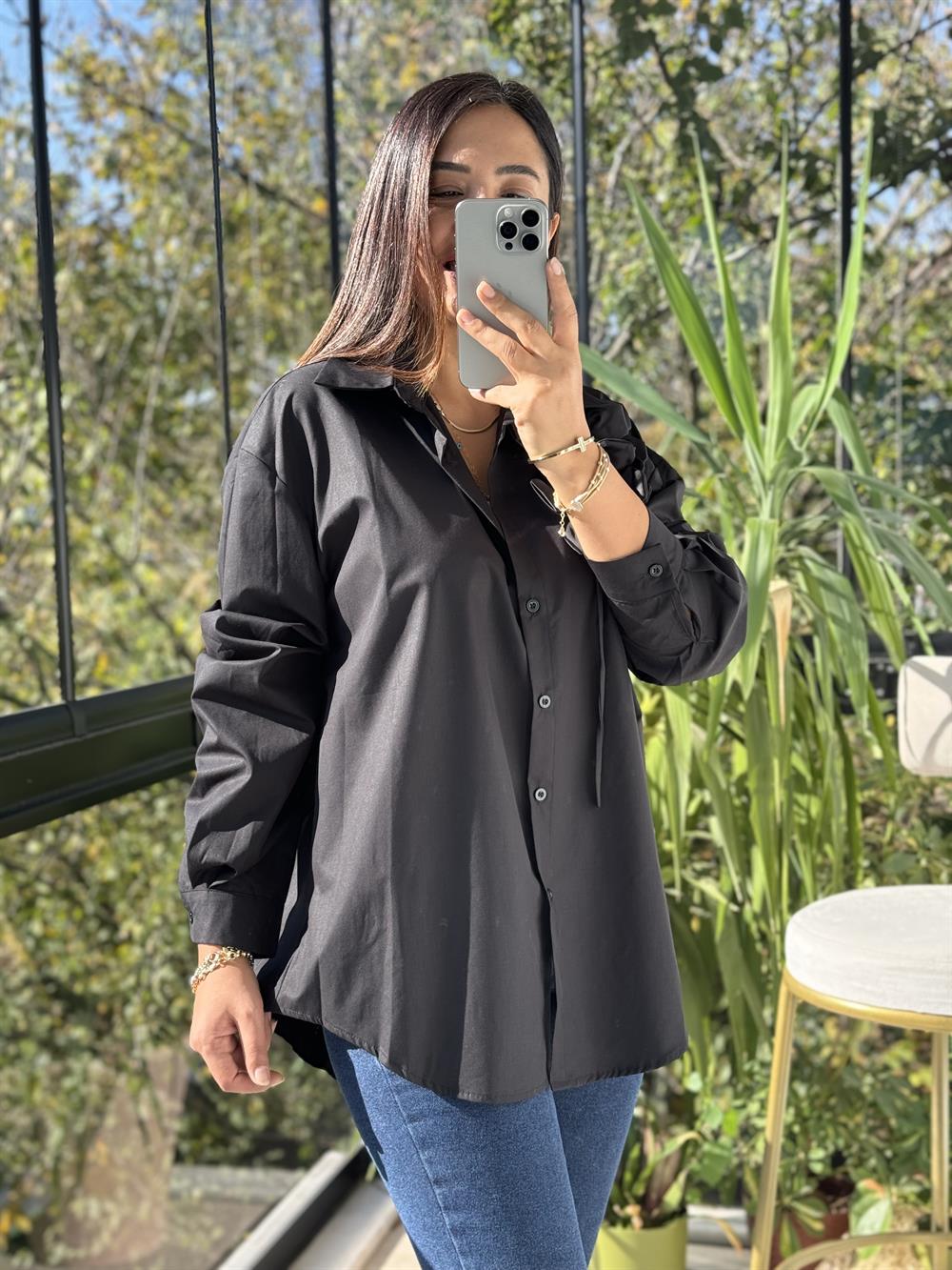 İthal Güllü İp Detaylı Gömlek Siyah