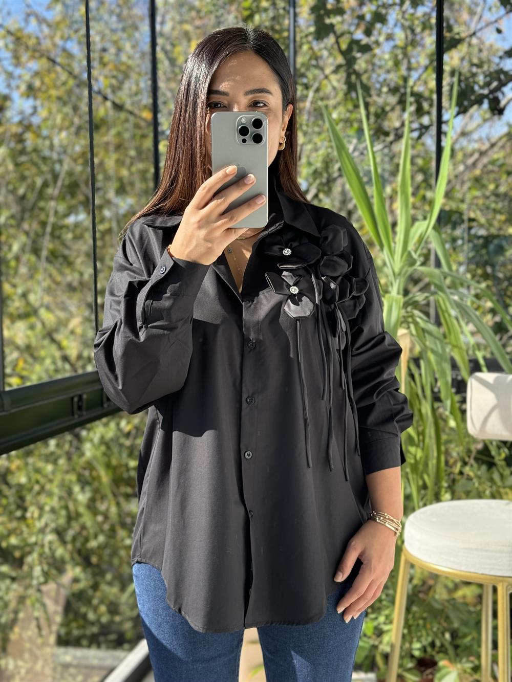 İthal Güllü İp Detaylı Gömlek Siyah