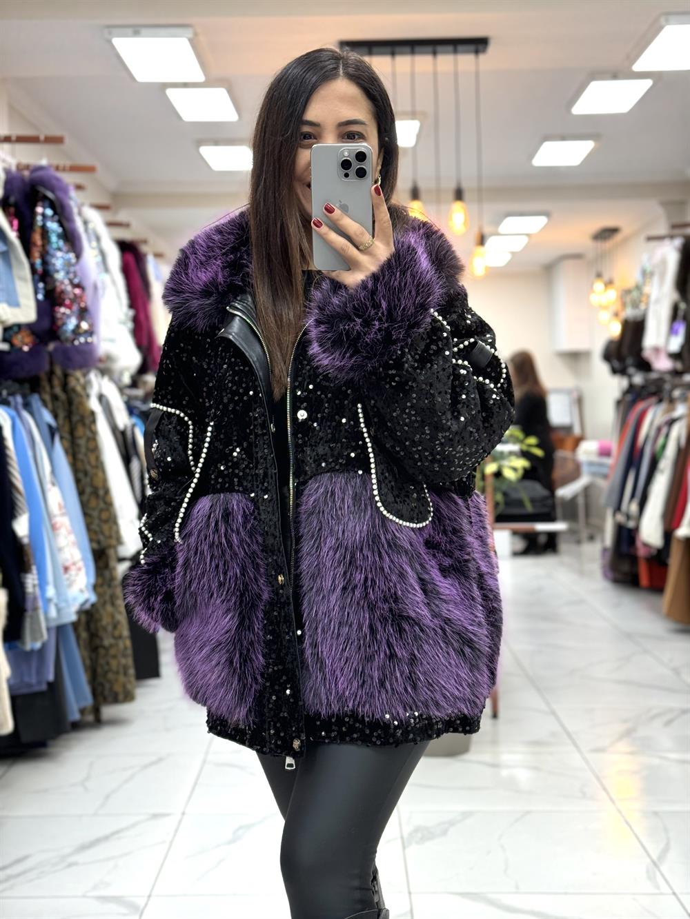 İthal İncili Cepli Kürklü Mont Mor