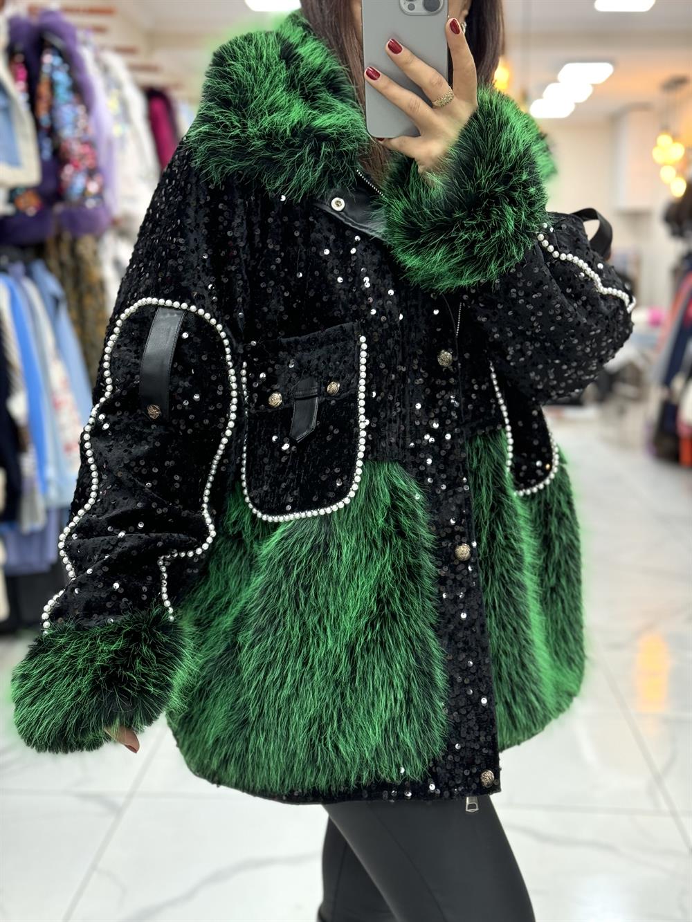 İthal İncili Cepli Kürklü Mont Yeşil