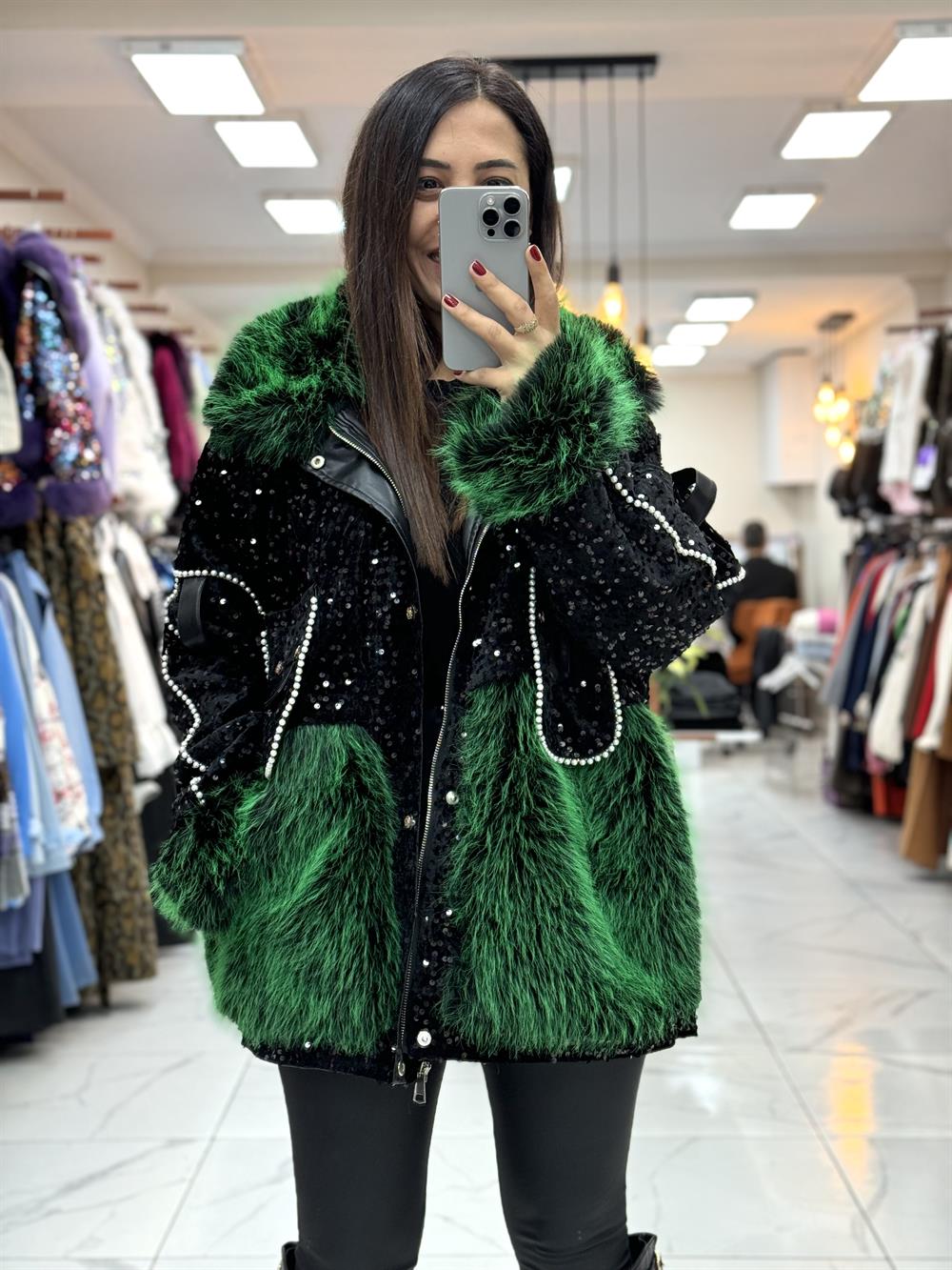 İthal İncili Cepli Kürklü Mont Yeşil