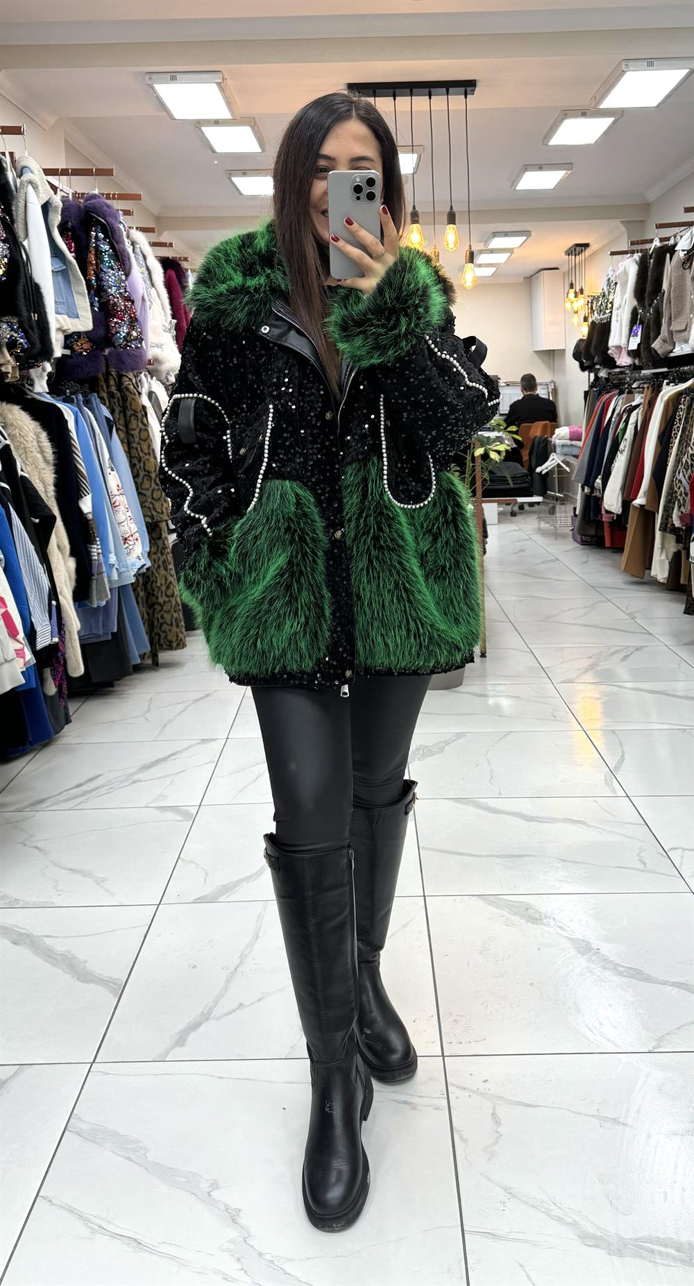 İthal İncili Cepli Kürklü Mont Yeşil