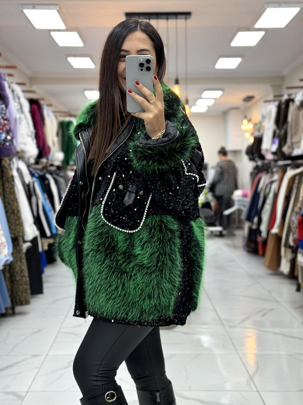 İthal İncili Cepli Kürklü Mont Yeşil