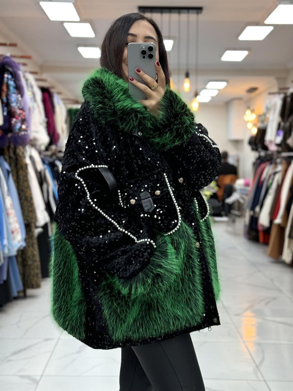 İthal İncili Cepli Kürklü Mont Yeşil