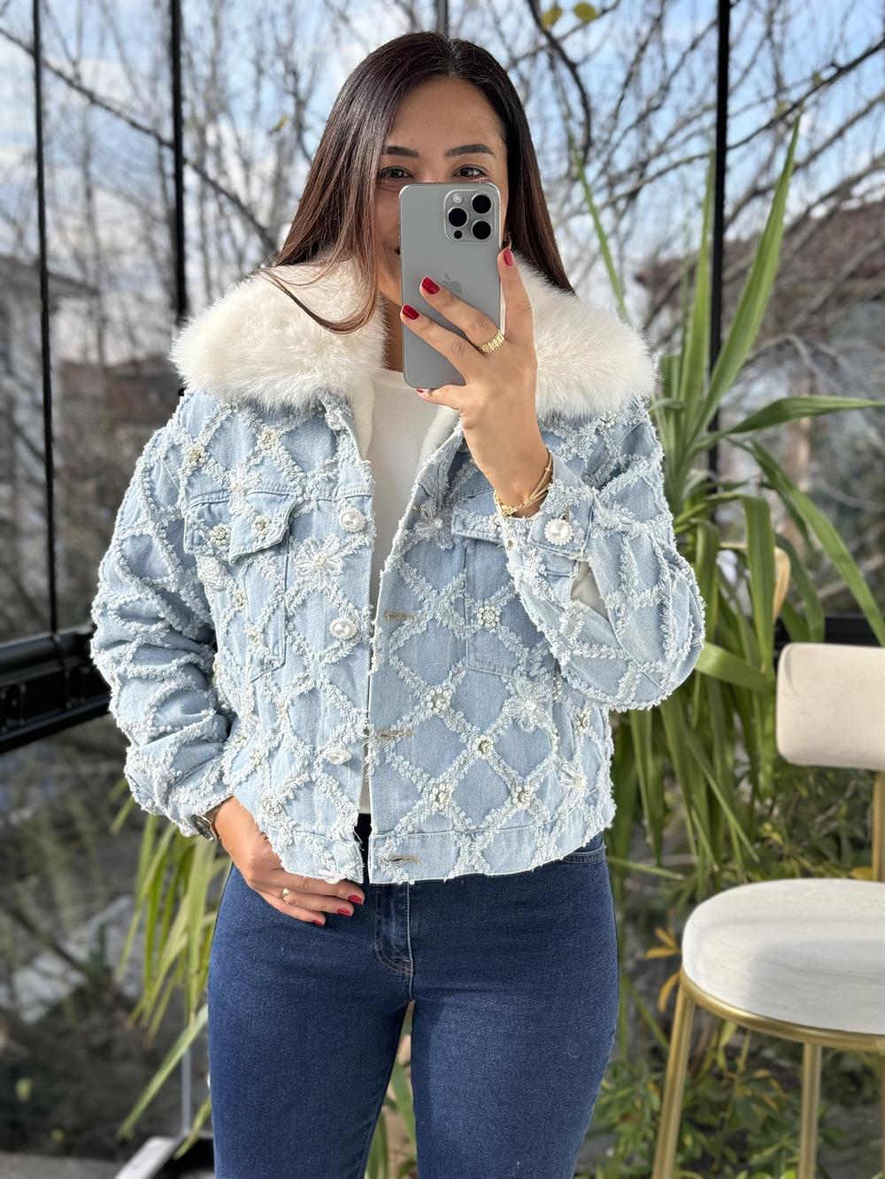 İthal İncili Detaylı pelüşlı Kot Mont Mavi