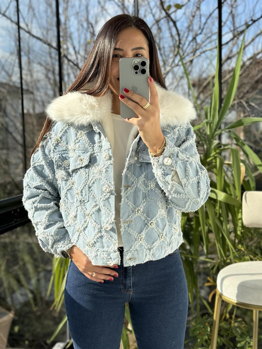 İthal İncili Detaylı pelüşlı Kot Mont Mavi