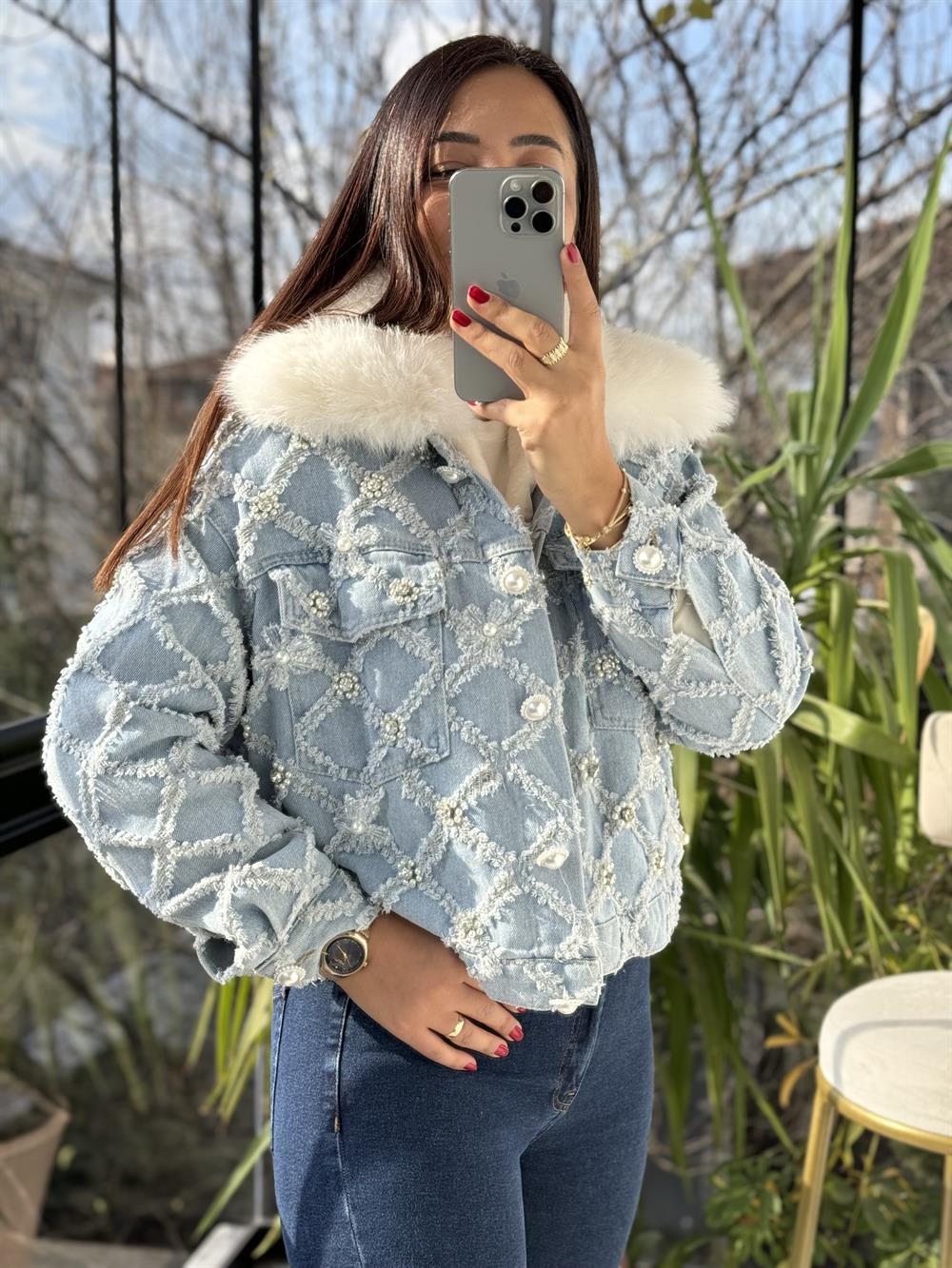 İthal İncili Detaylı pelüşlı Kot Mont Mavi