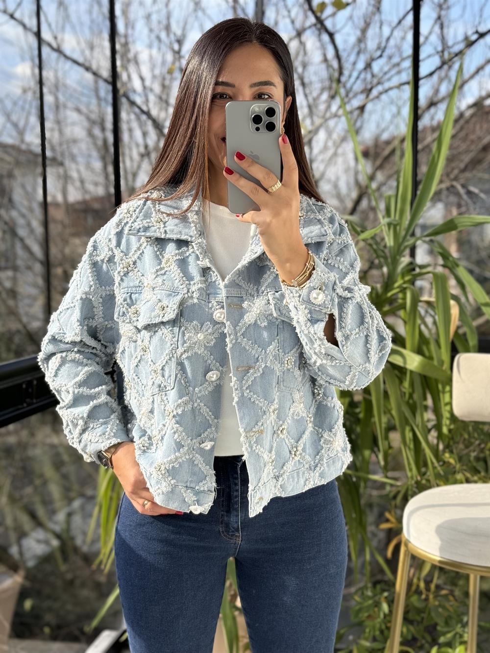 İthal İncili Detaylı pelüşlı Kot Mont Mavi