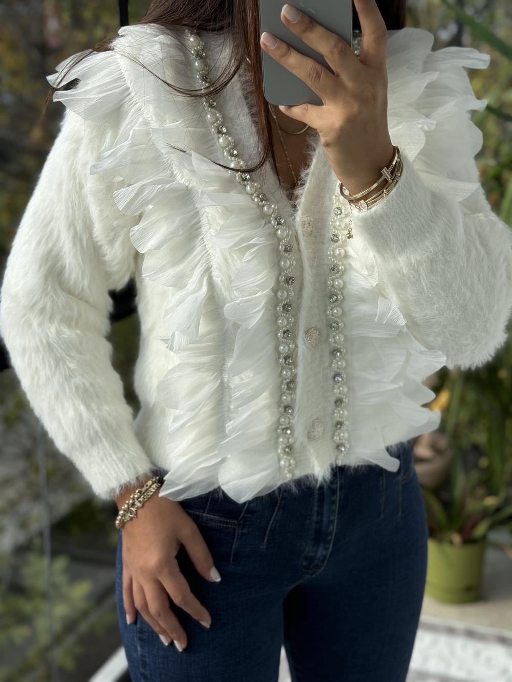 İthal incili Fırfırlı Hırka Beyaz