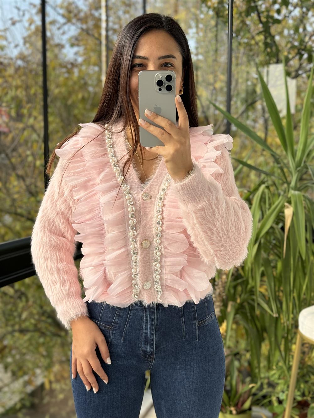 İthal incili Fırfırlı Hırka Pembe