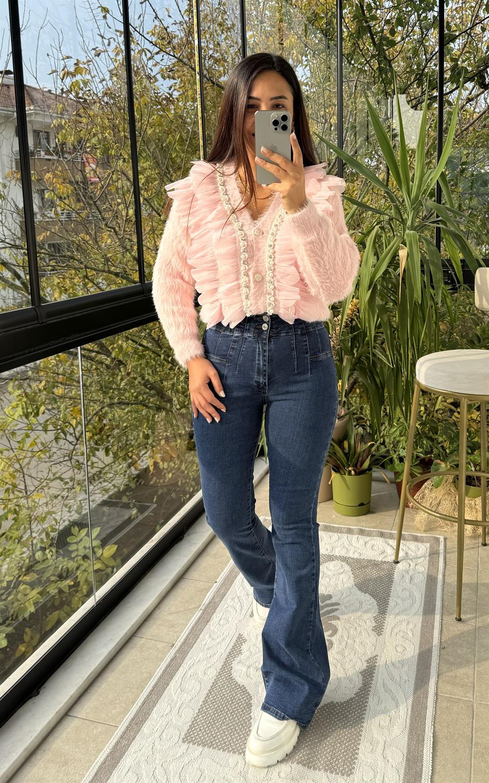 İthal incili Fırfırlı Hırka Pembe