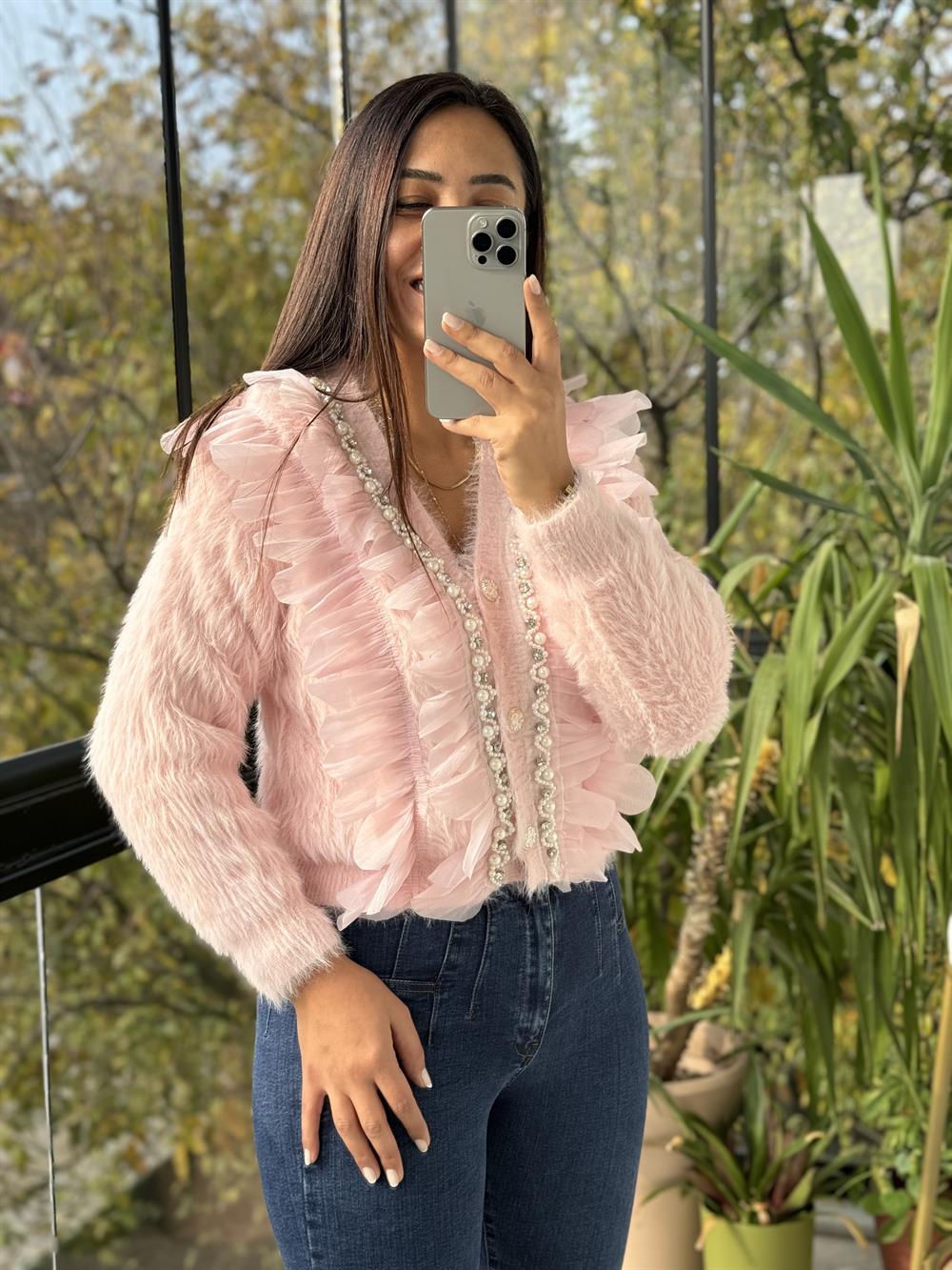 İthal incili Fırfırlı Hırka Pembe