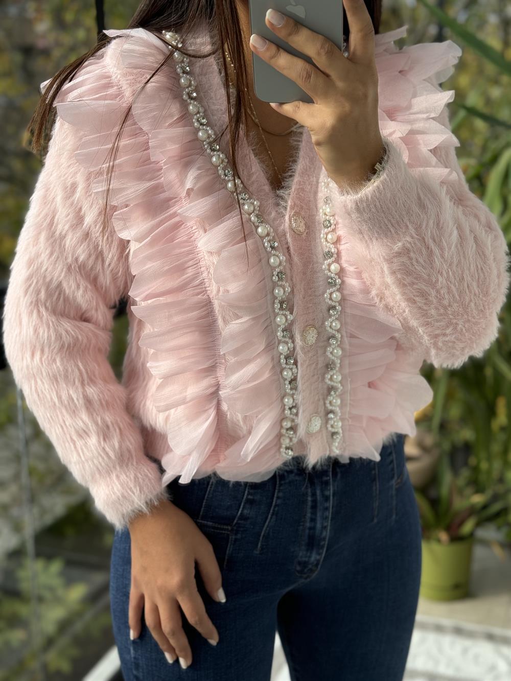 İthal incili Fırfırlı Hırka Pembe