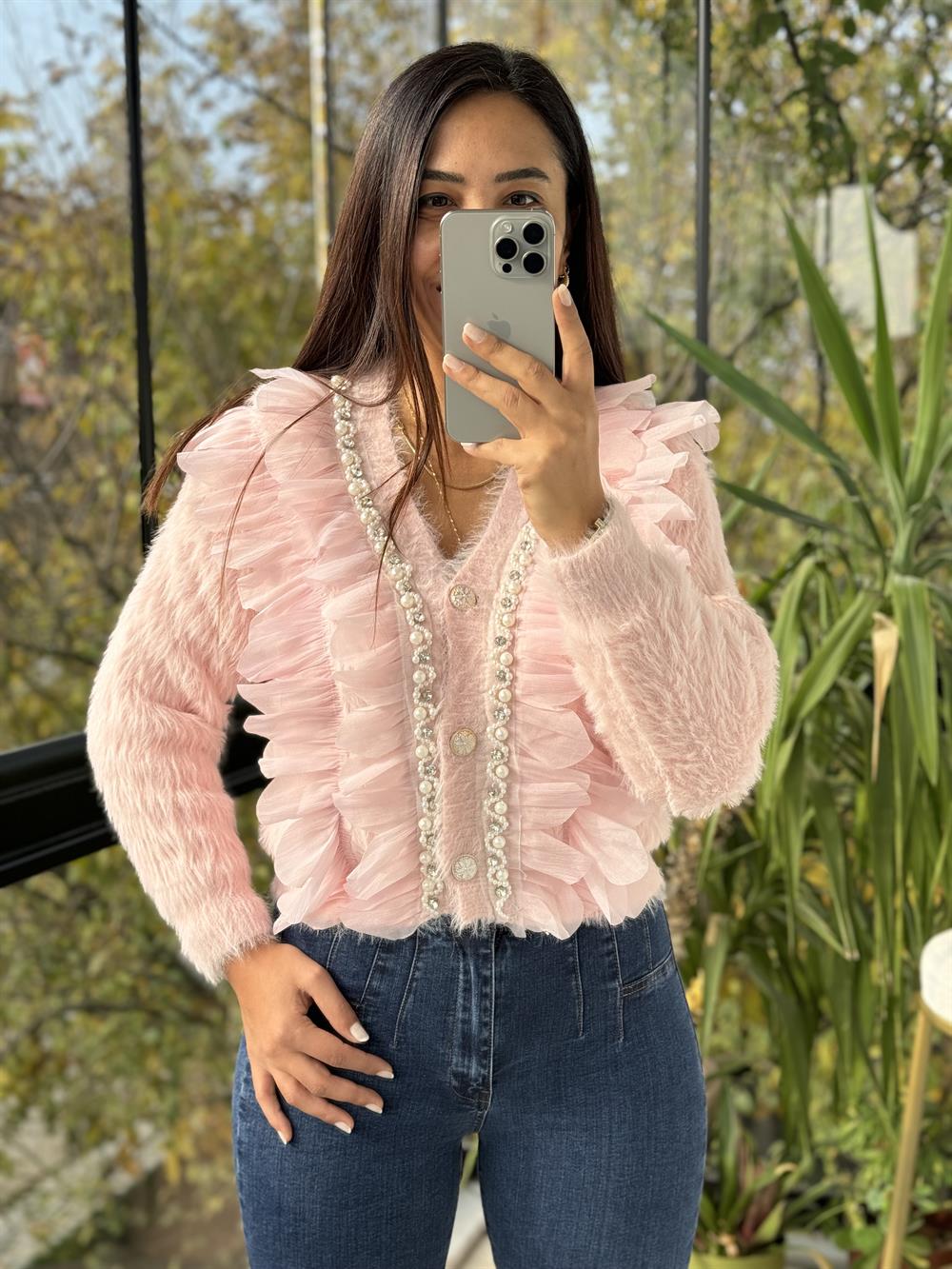 İthal incili Fırfırlı Hırka Pembe