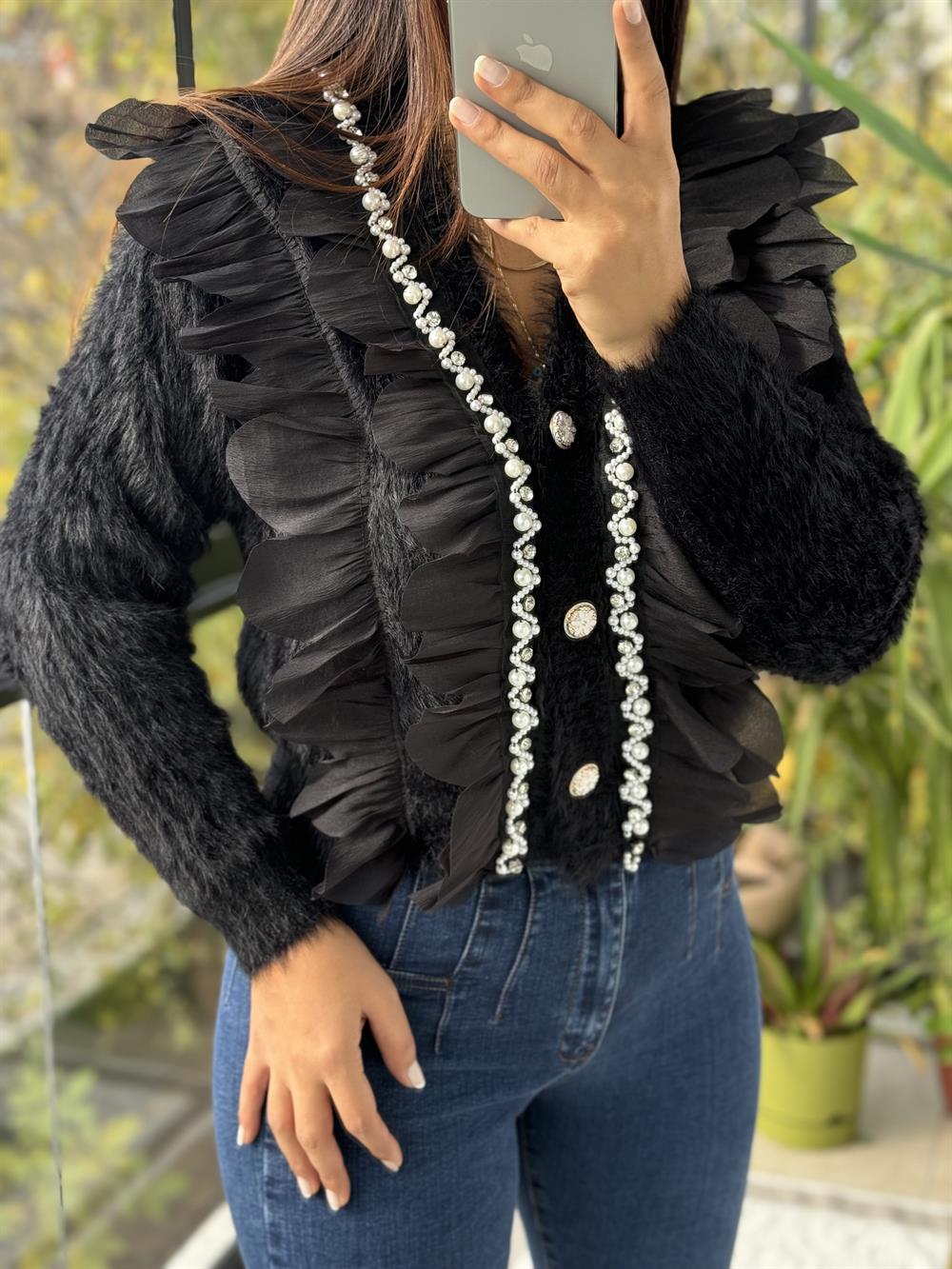 İthal incili Fırfırlı Hırka Siyah