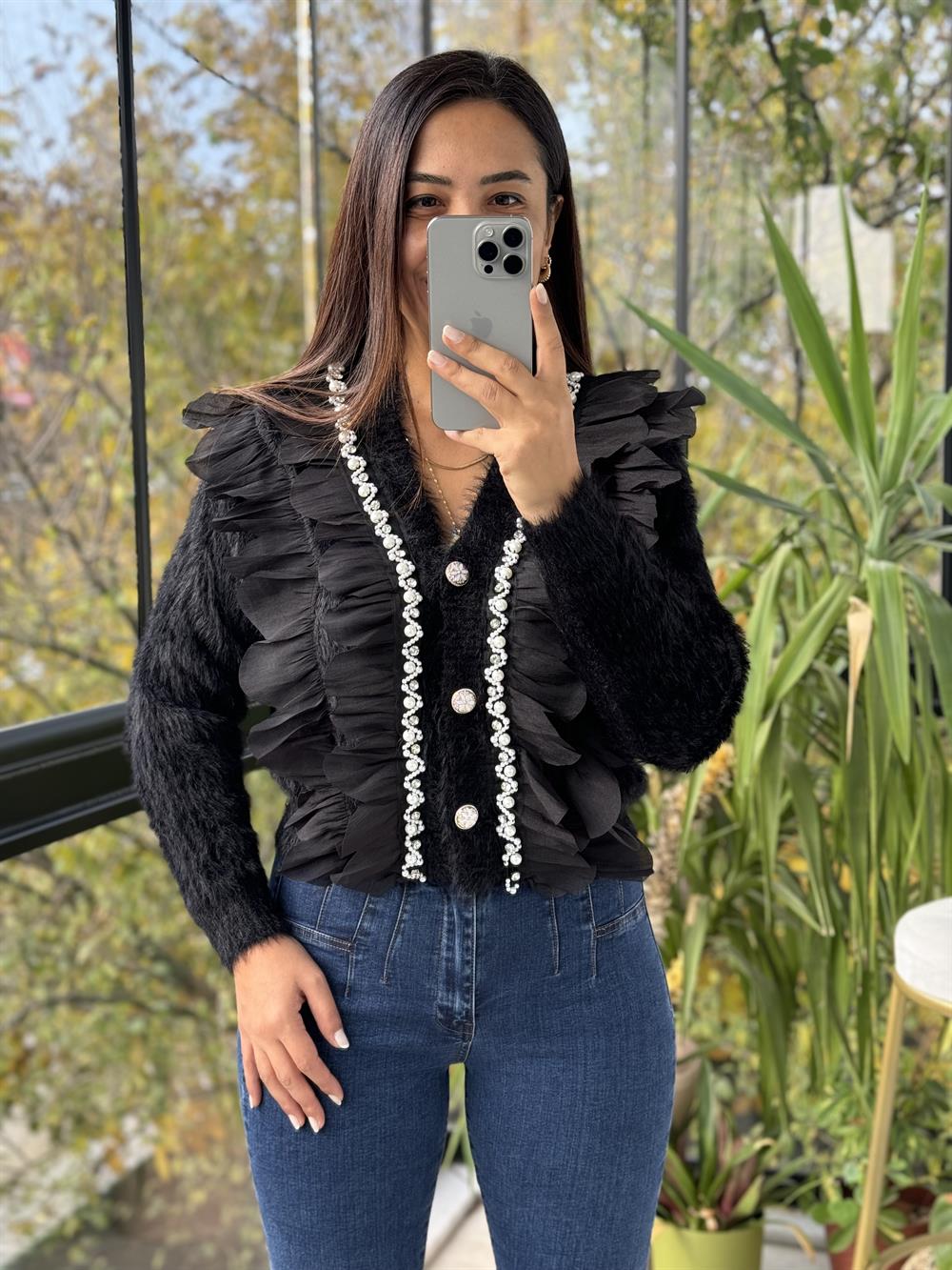 İthal incili Fırfırlı Hırka Siyah