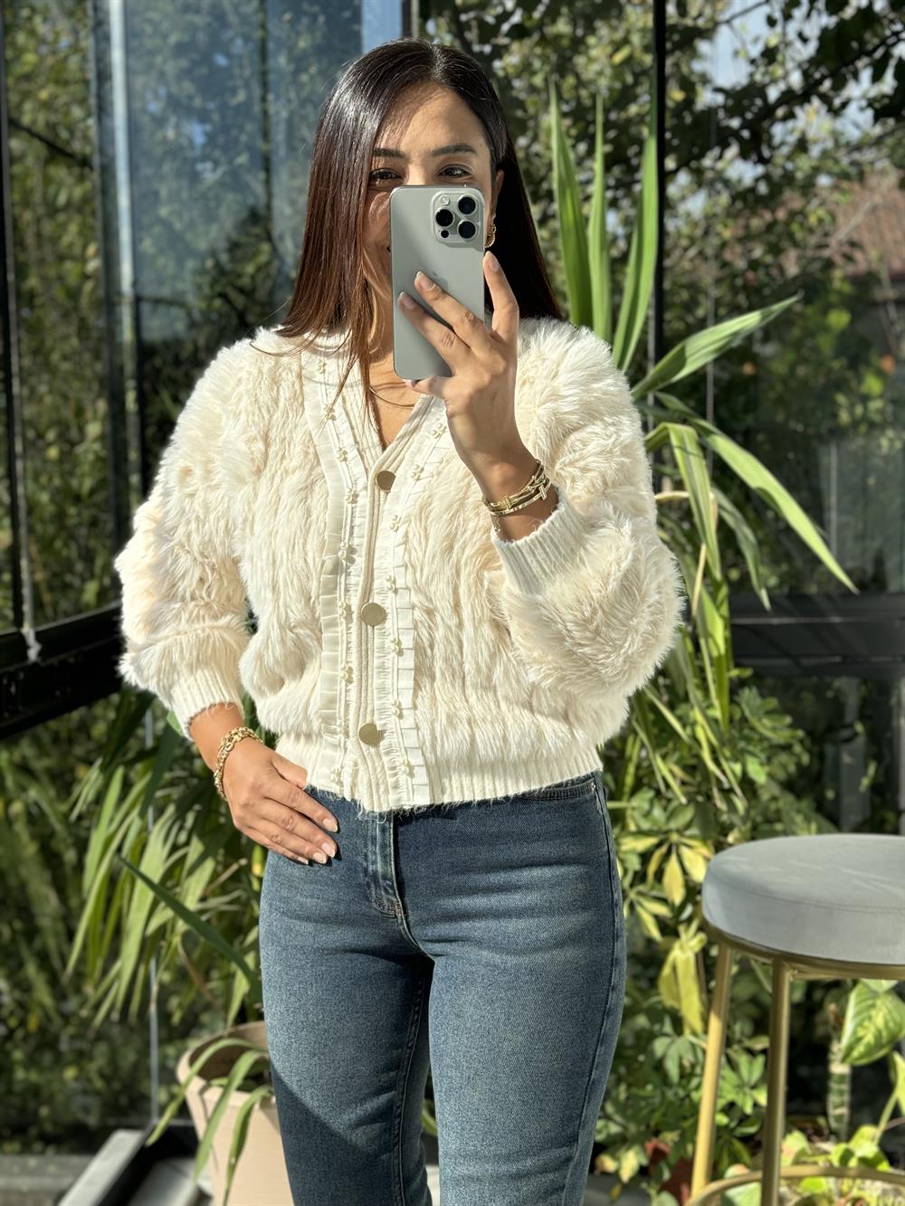 İthal İncili Hırka Ekru