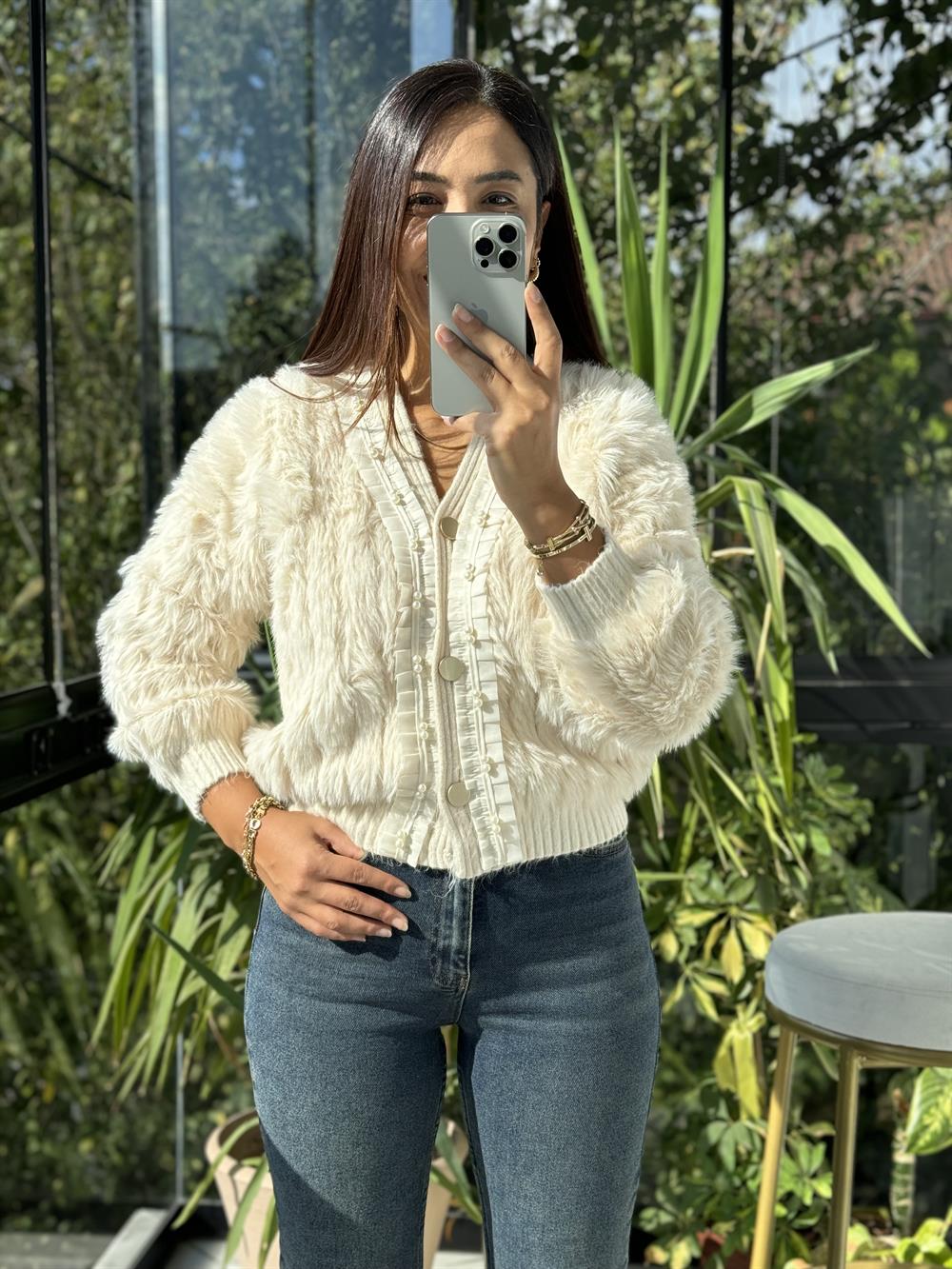 İthal İncili Hırka Ekru