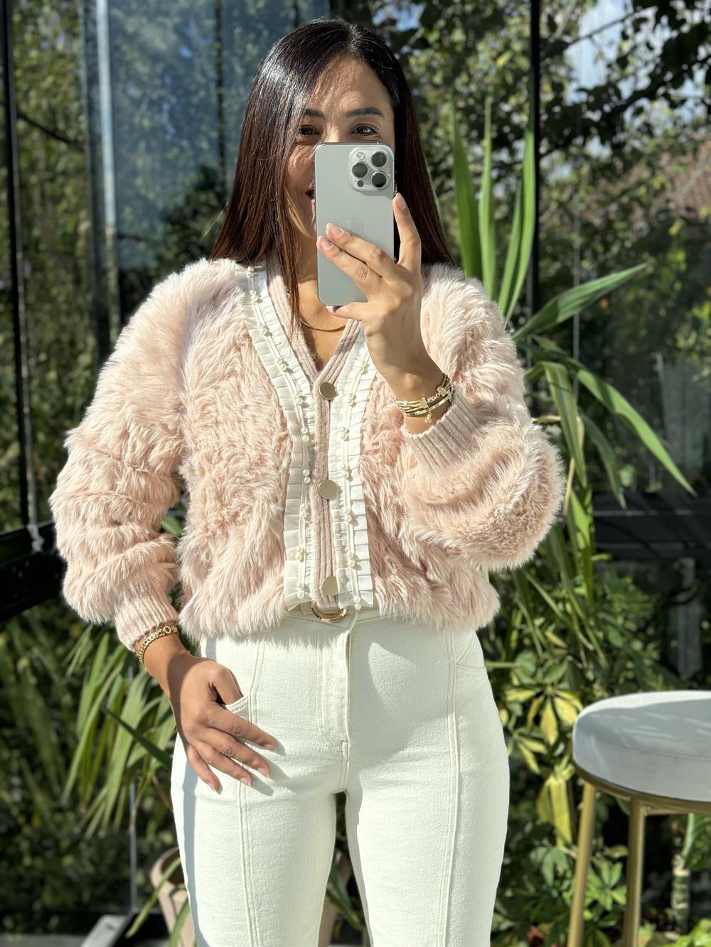 İthal İncili Hırka Pembe