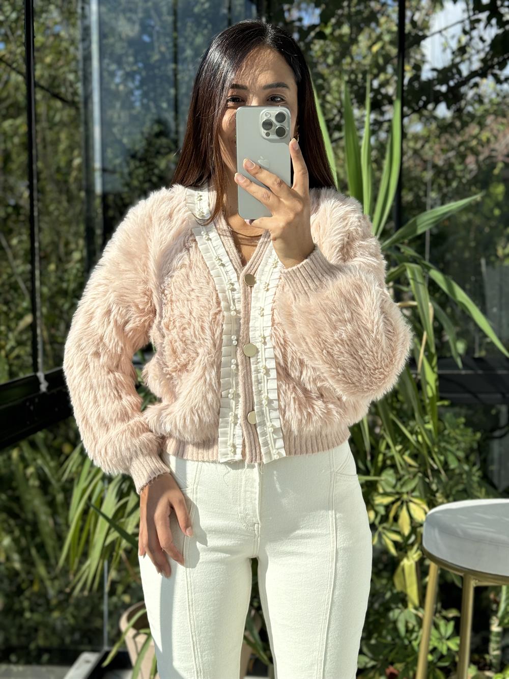 İthal İncili Hırka Pembe