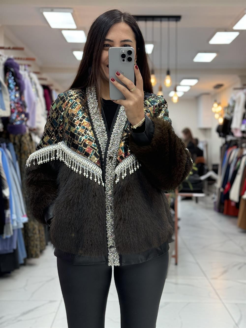 İthal İncili Kürklü Hırka Mont Kahve