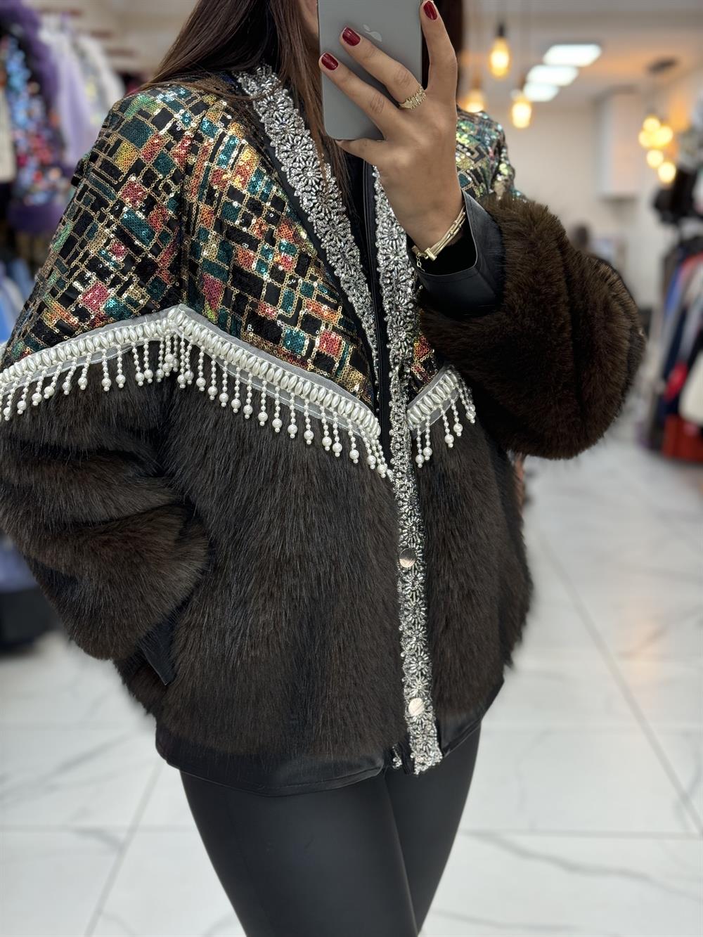 İthal İncili Kürklü Hırka Mont Kahve