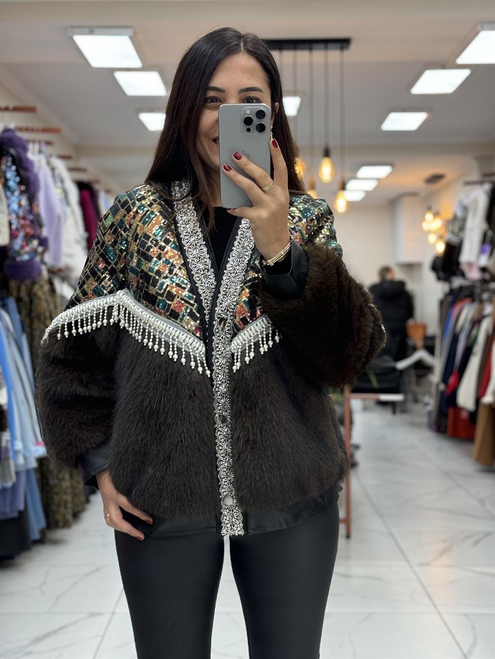 İthal İncili Kürklü Hırka Mont Kahve